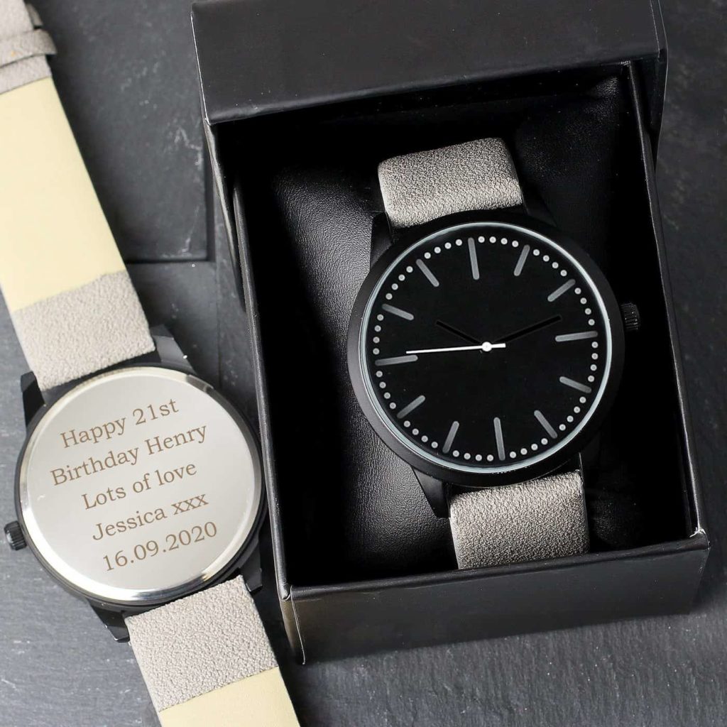 Mens Matte Black Watch with Grey Strap and Presentation Box