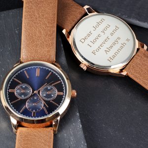 Mens Rose Gold Tone Watch with Brown Strap and Presentation Box