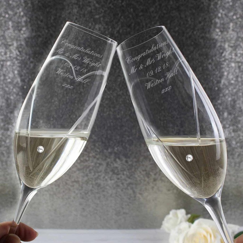 Hand Cut Heart Pair of Flutes with Swarovski Elements with Gift Box