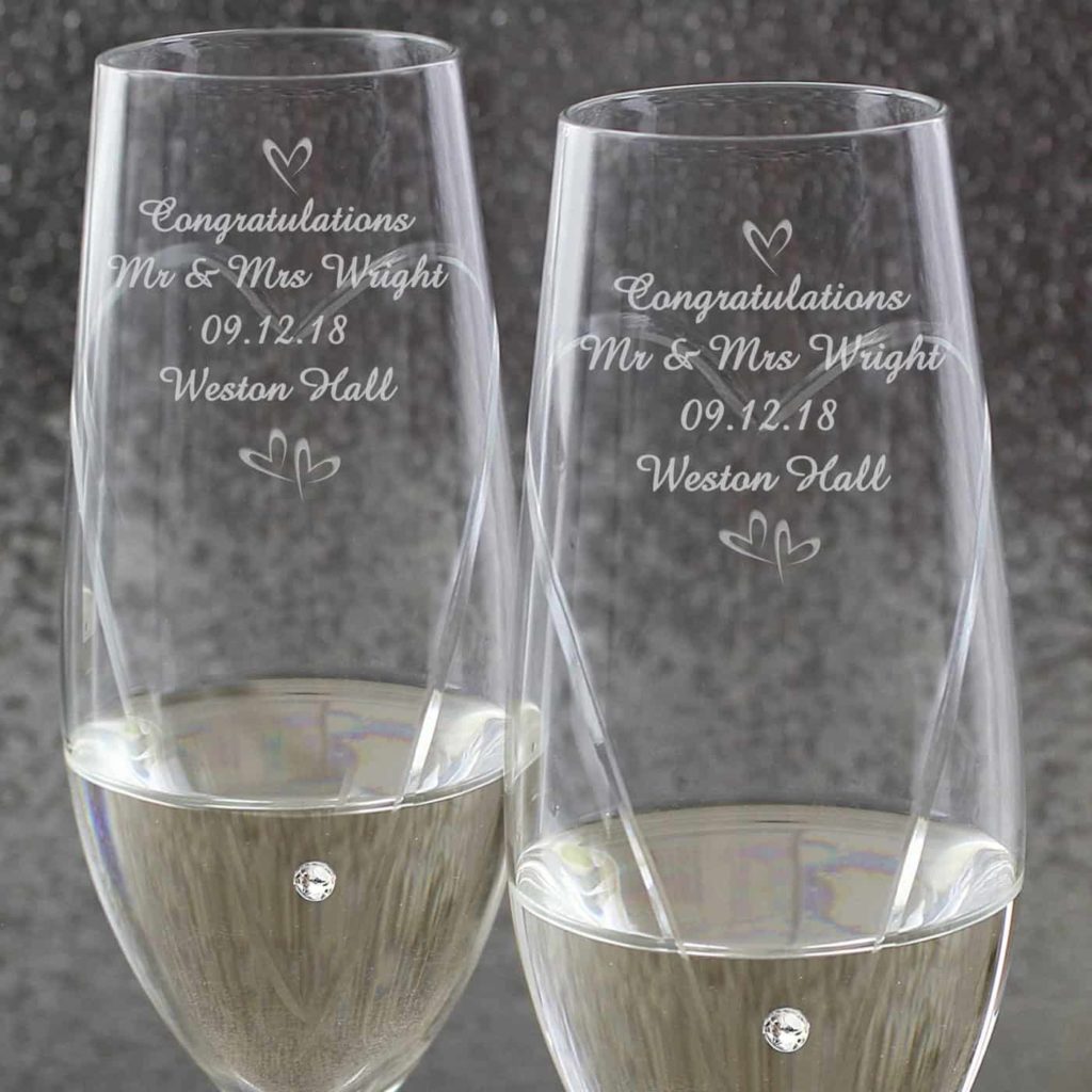Hand Cut Little Hearts Pair of Flutes with Swarovski Elements with Gift Box