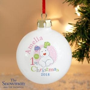 The Snowman and the Snowdog My 1st Christmas Pink Bauble