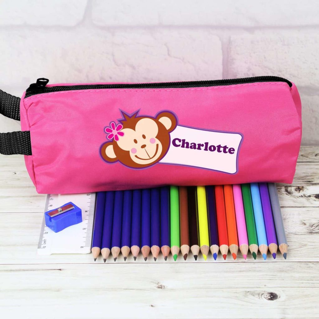 Pink Monkey Pencil Case with Pencils & Crayons