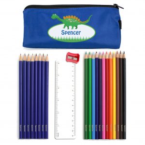 Blue Dinosaur Pencil Case with Pencils & Crayons