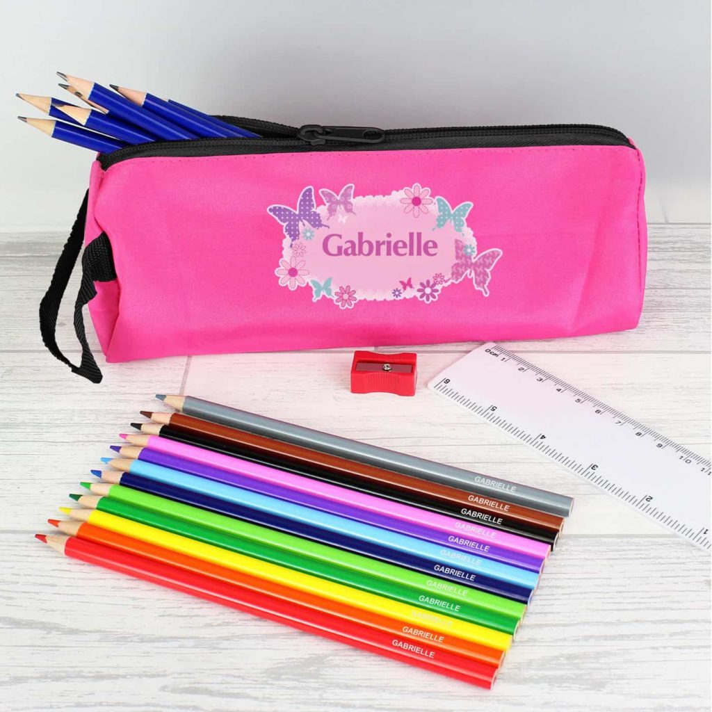Pink Butterfly Pencil Case with Pencils & Crayons