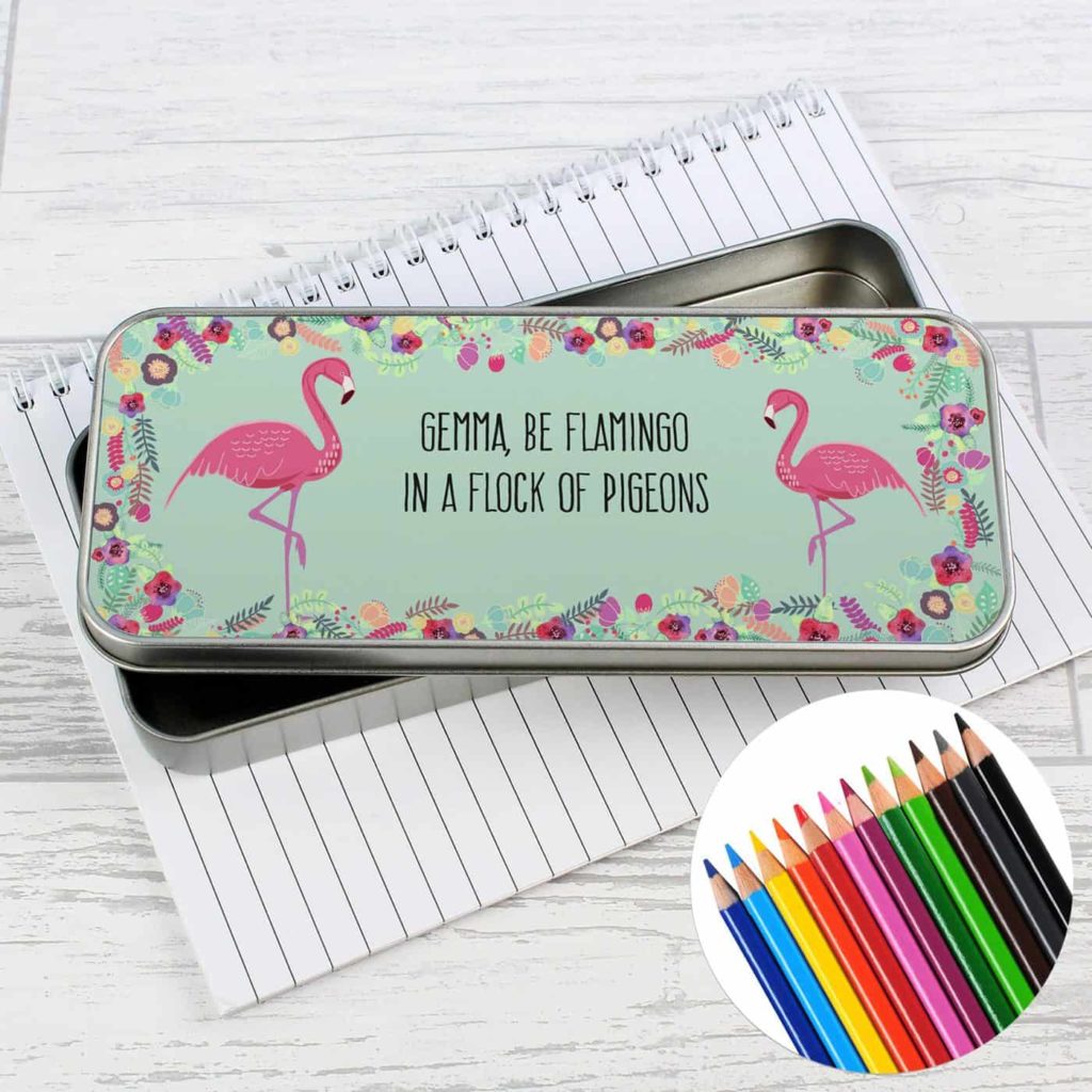 Flamingo Pencil Tin with Pencil Crayons