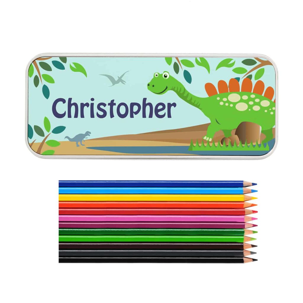 Dinosaur Pencil Tin with Pencil Crayons