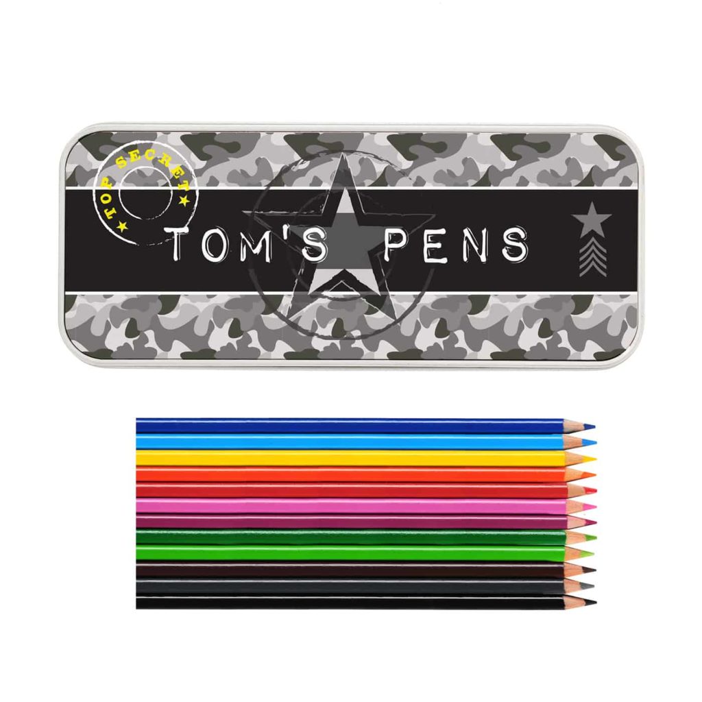 Army Camo Pencil Tin with Pencil Crayons