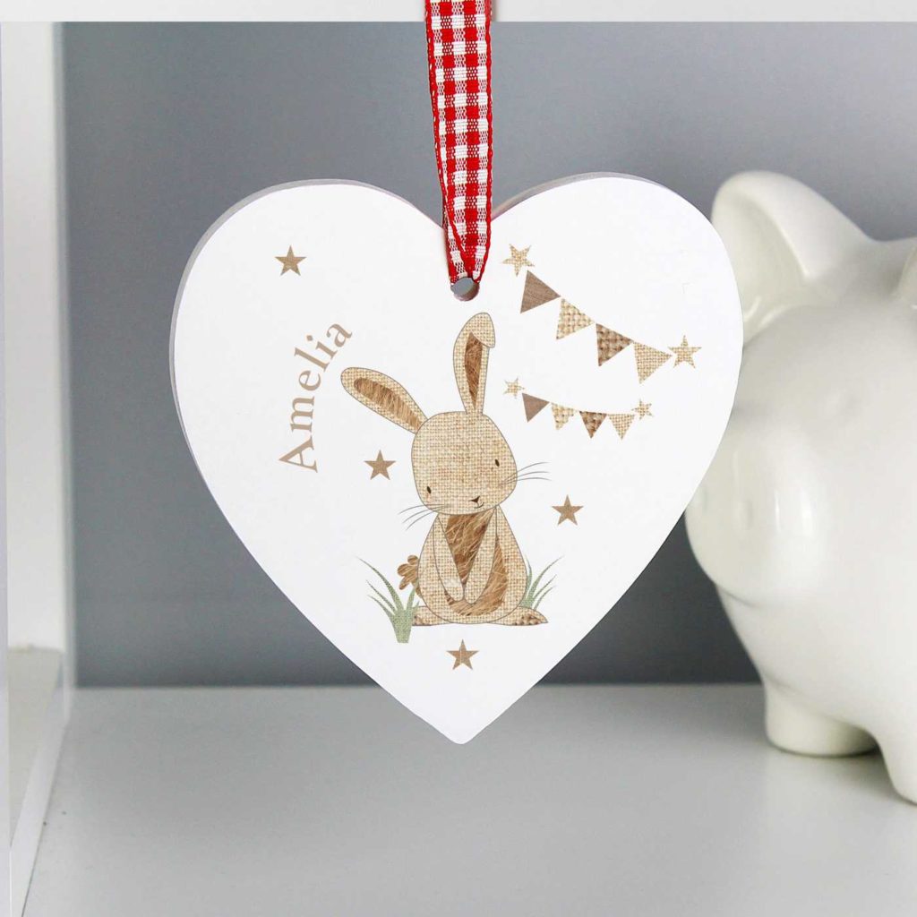 Hessian Rabbit Wooden Heart Decoration