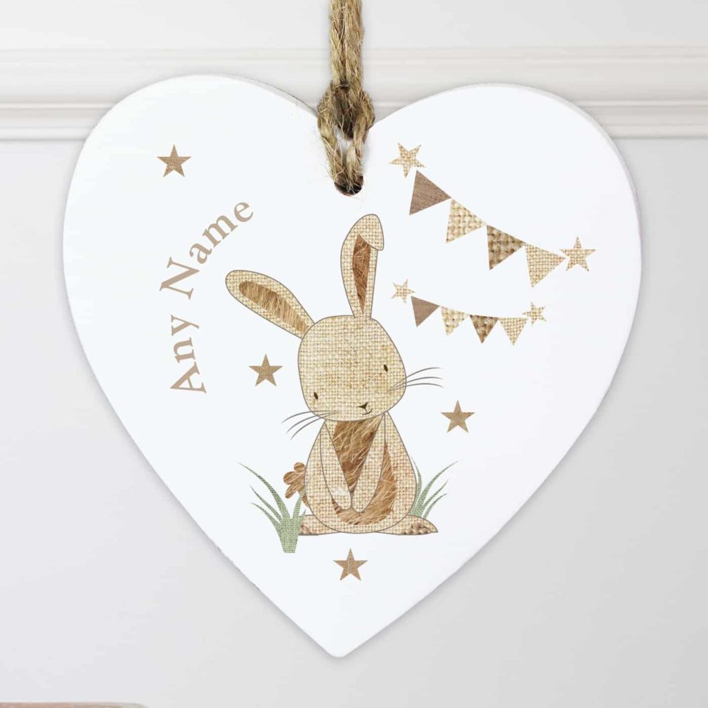 Hessian Rabbit Wooden Heart Decoration
