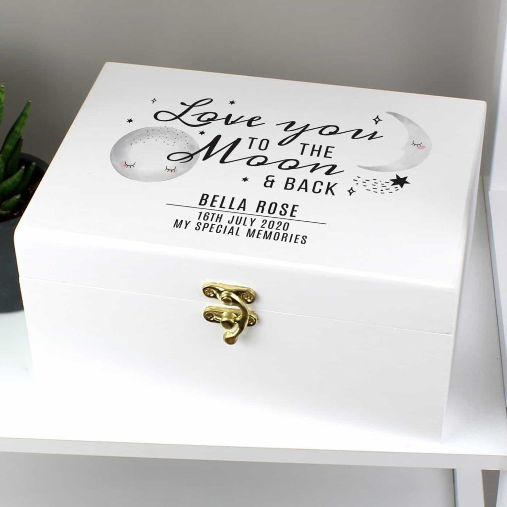 Personalised Baby To The Moon and Back White Wooden Keepsake Box