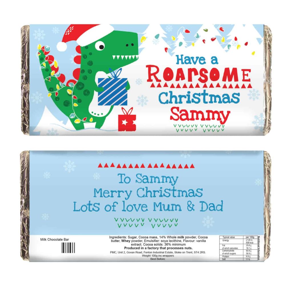 Personalised Dinosaur 'Have a Roarsome Christmas' Milk Chocolate Bar