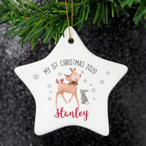Personalised 1st Christmas Festive Fawn Ceramic Star Decoration
