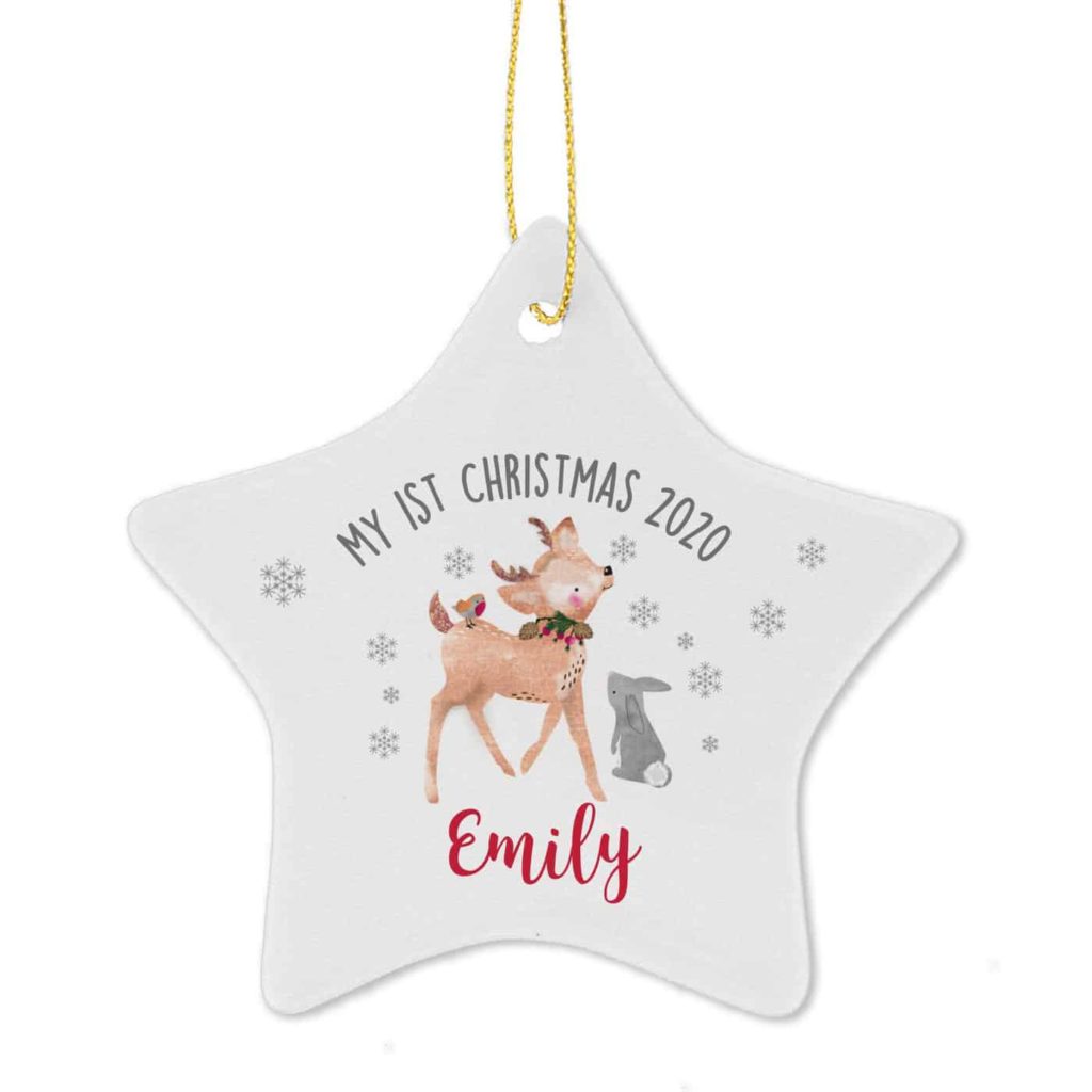 Personalised 1st Christmas Festive Fawn Ceramic Star Decoration