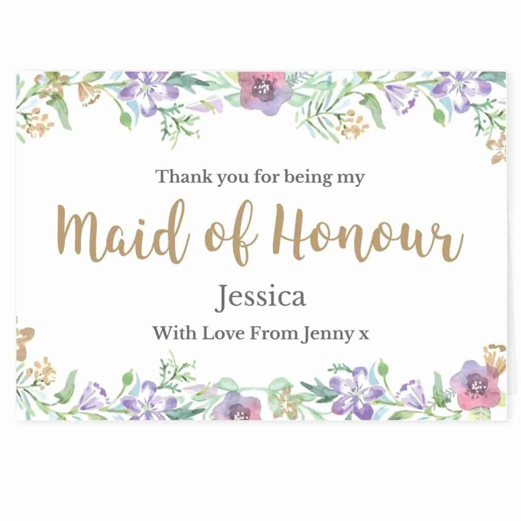 Personalised Maid of Honour 'Floral Watercolour Wedding' Card