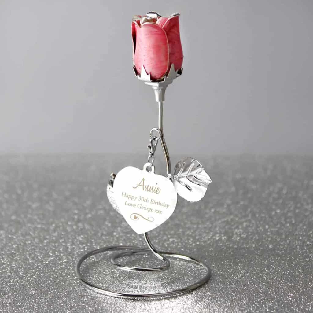Personalised Swirls & Heart Pink Rose Bud Ornament