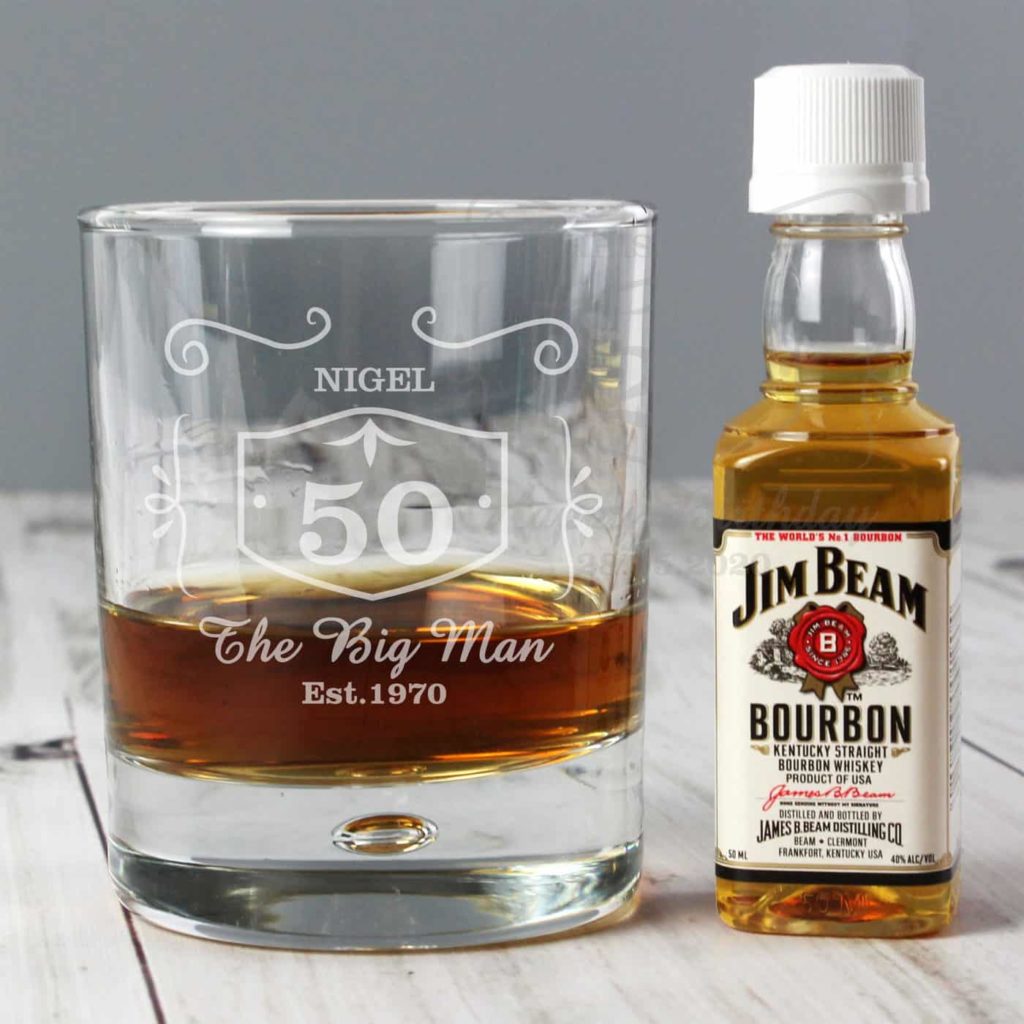Personalised Whiskey Style Glass & Bourbon Whisky Miniature Set