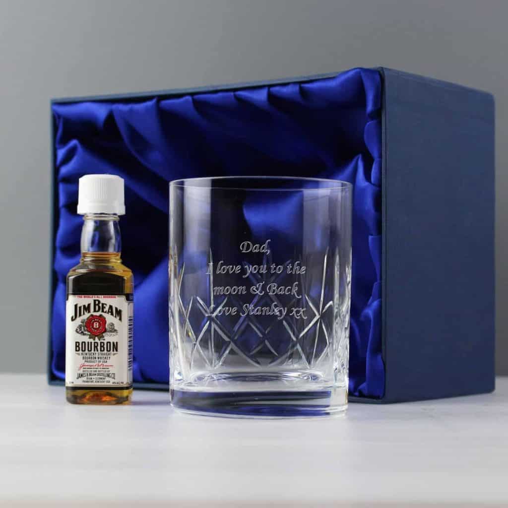 Personalised Cut Crystal Glass & Bourbon Whiskey Miniature Set