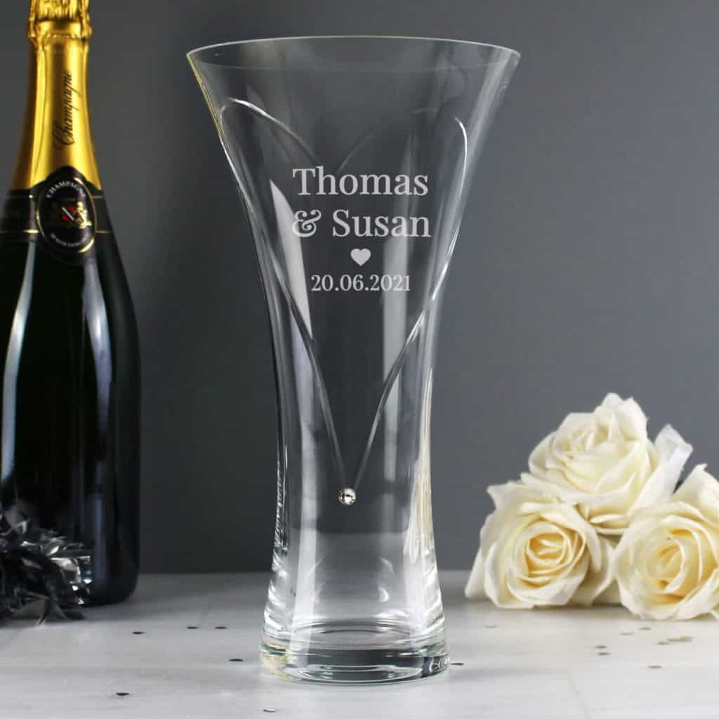 Personalised Mr & Mrs Large Hand Cut Diamante Heart Vase with Swarovski Elements