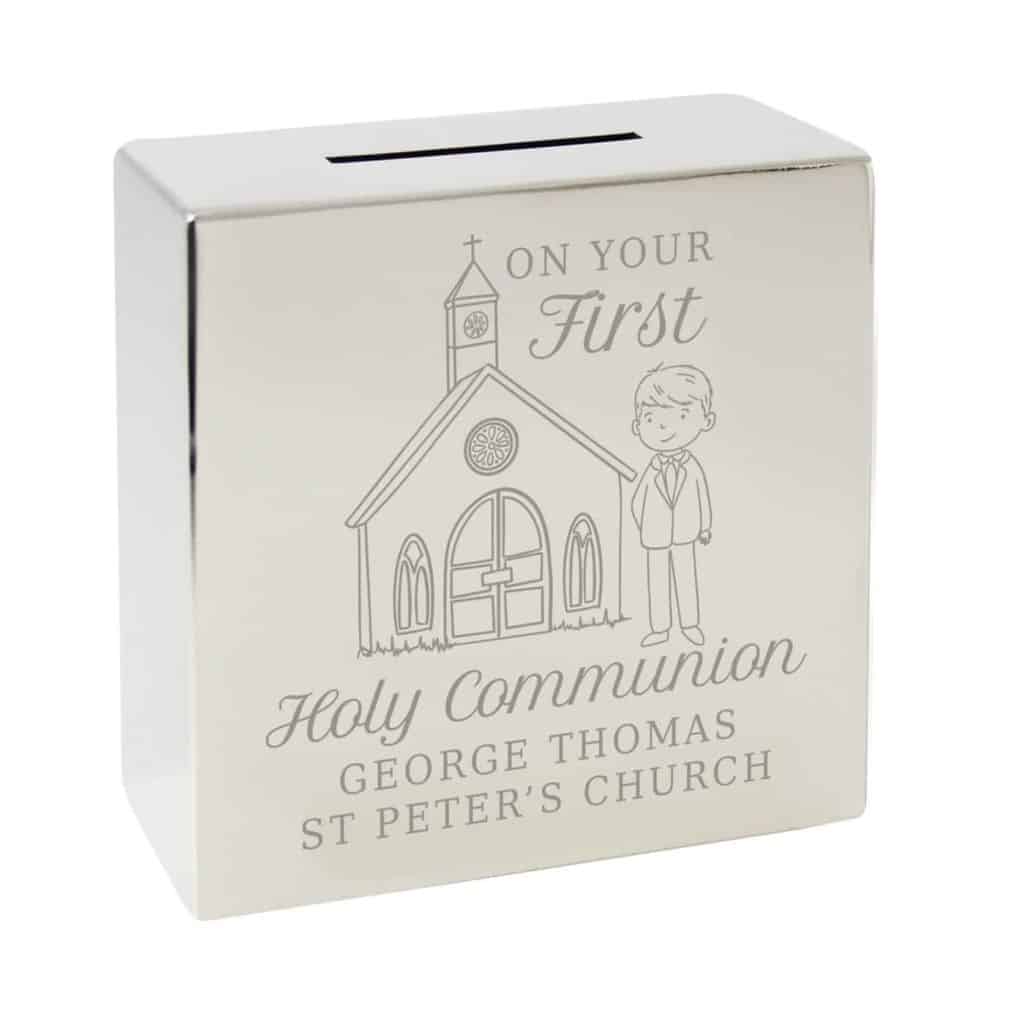 Personalised Boys First Holy Communion Square Money Box