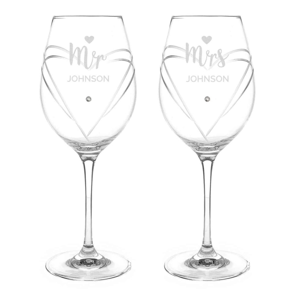 Personalised Mr & Mrs Hand Cut Heart Pattern Pair of Wine Glasses with Swarovski Elements