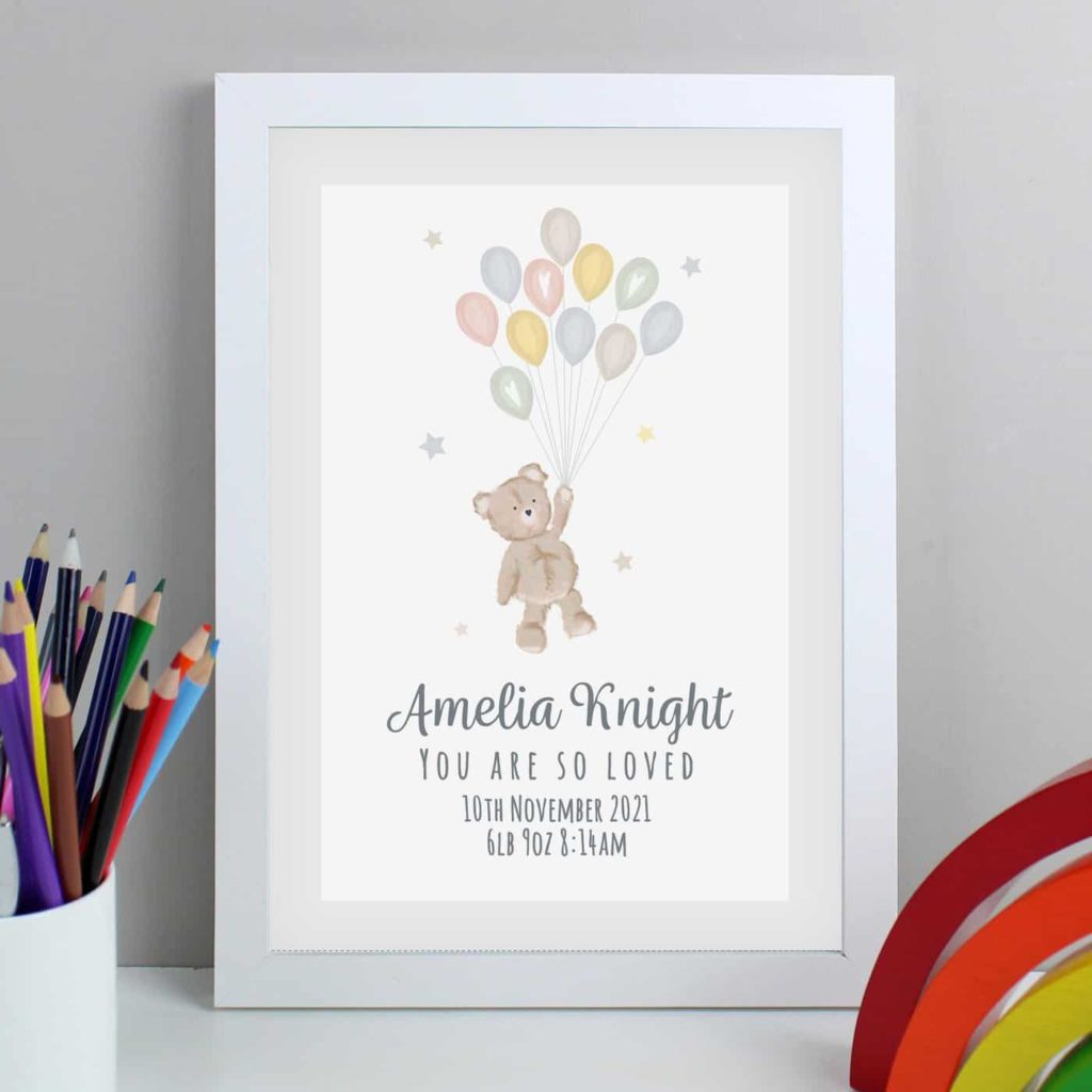 Personalised Teddy & Balloons A4 White Framed Print