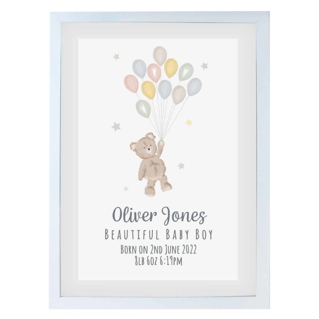 Personalised Teddy & Balloons A3 White Framed Print