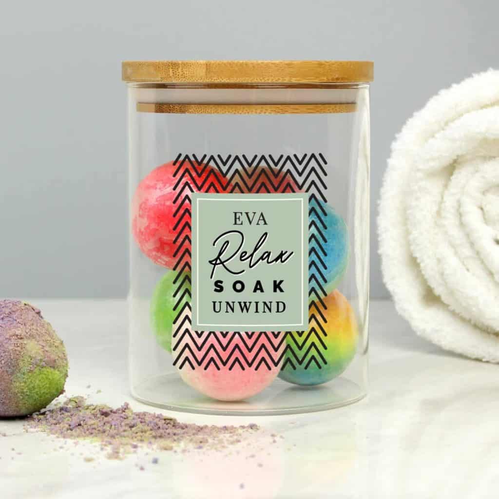 Personalised Relax Soak Unwind Glass Jar with Bamboo Lid