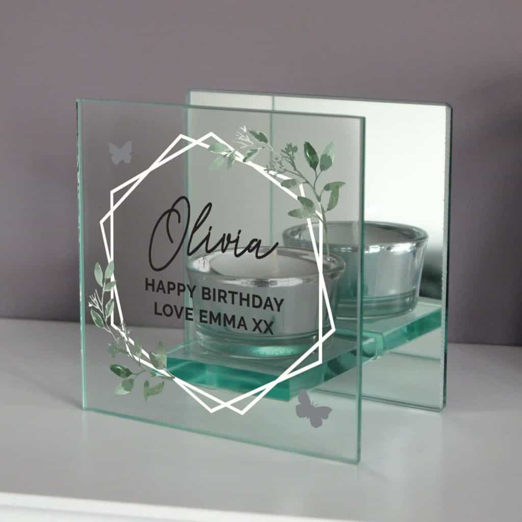 Personalised Botanical Mirrored Glass Tea Light Candle Holder