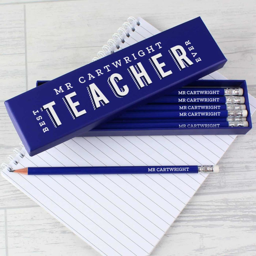 Personalised Best Teacher Ever Box and 12 Blue HB Pencils