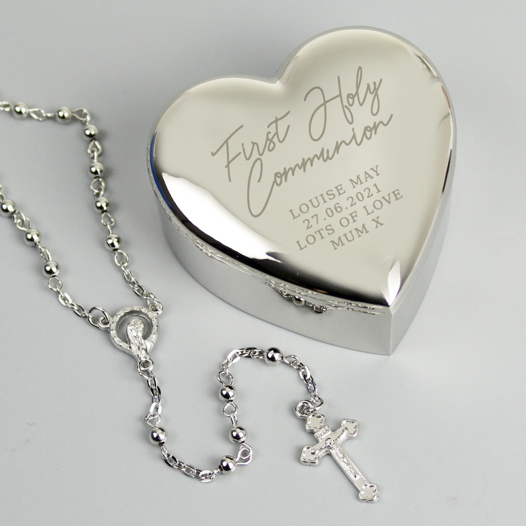 Personalised First Holy Communion Rosary Beads and Cross Heart Trinket Box