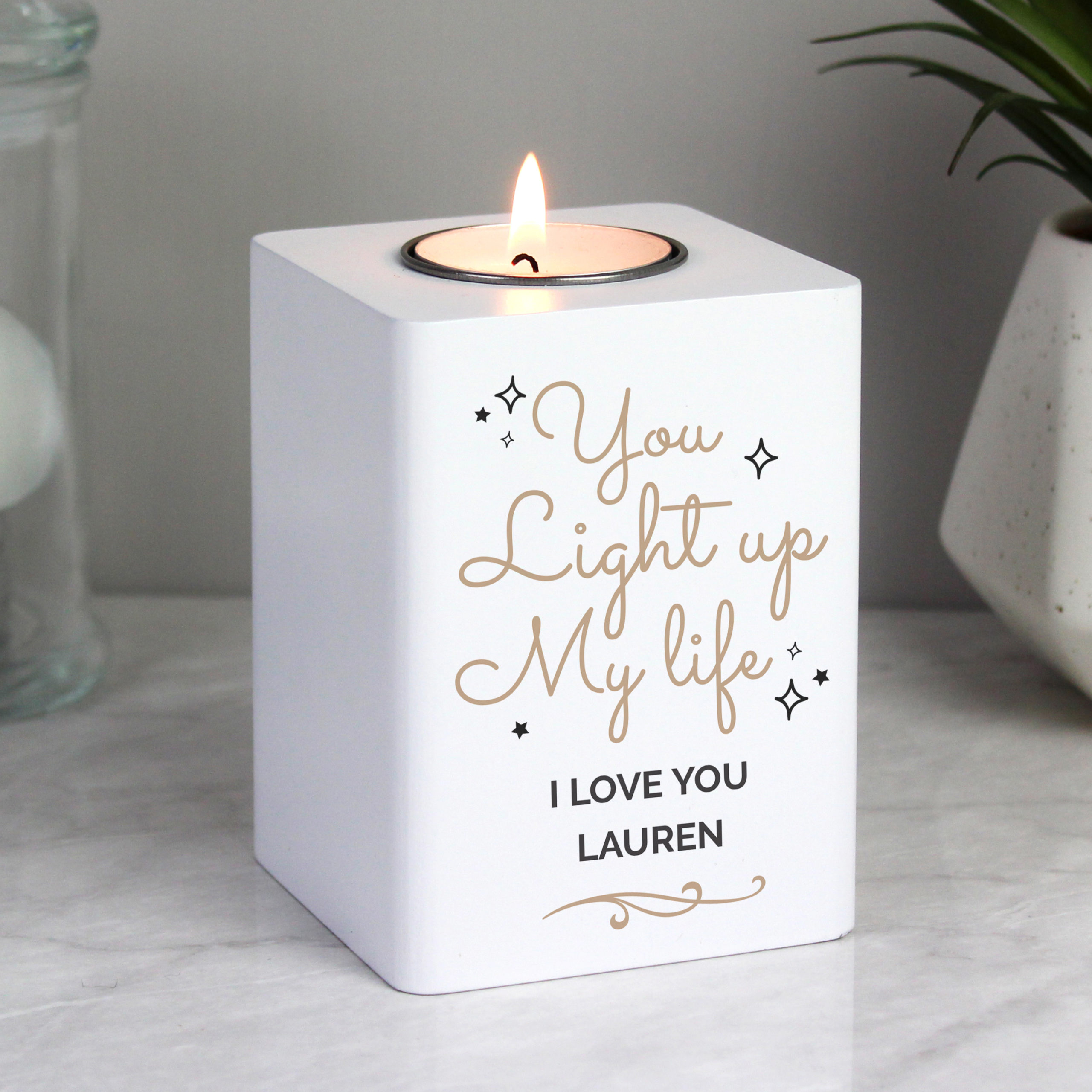 Personalised Light Up My Life White Wooden Tea light Holder Personalised Light Up My Life White Wooden Tea light Holder