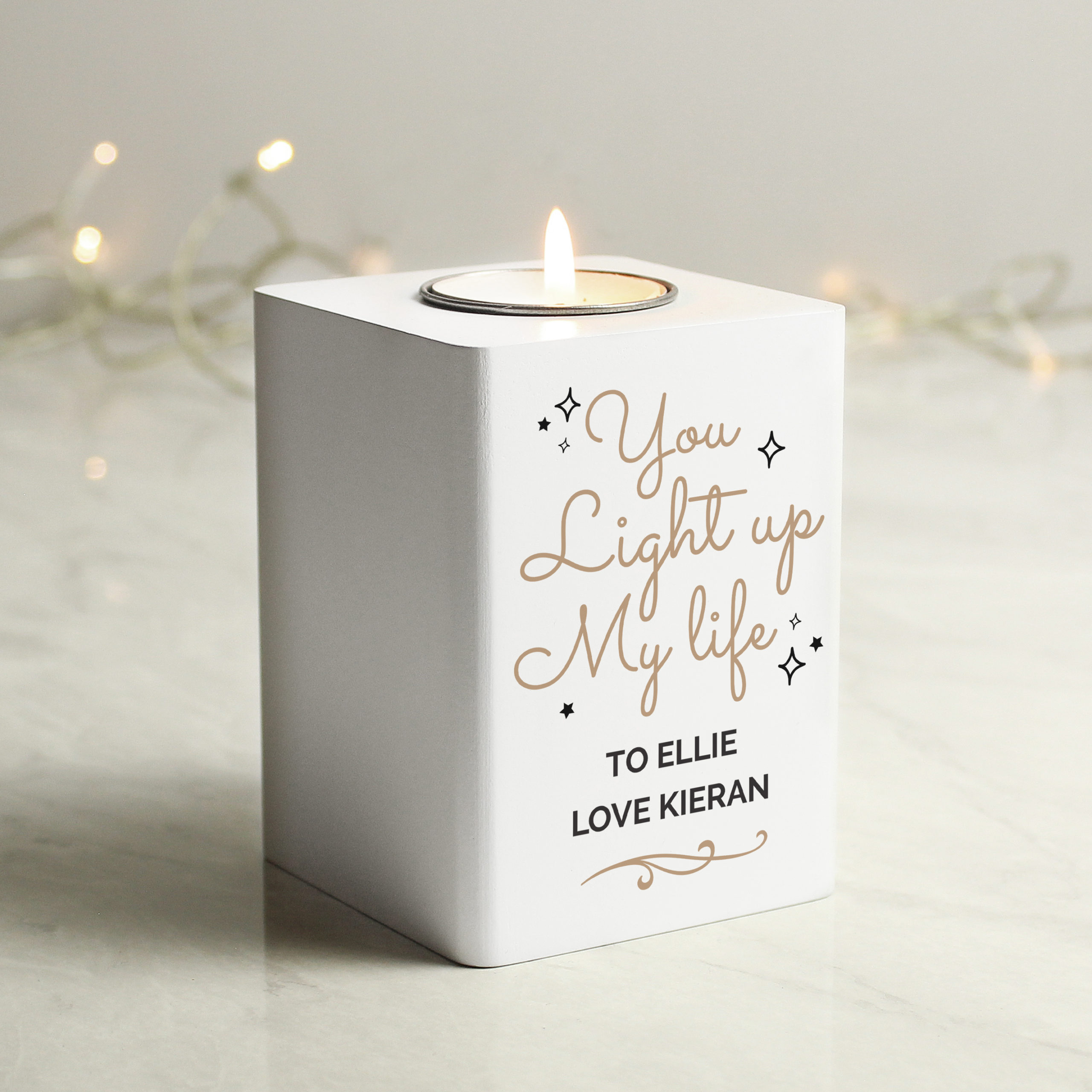 Personalised Light Up My Life White Wooden Tea light Holder Personalised Light Up My Life White Wooden Tea light Holder