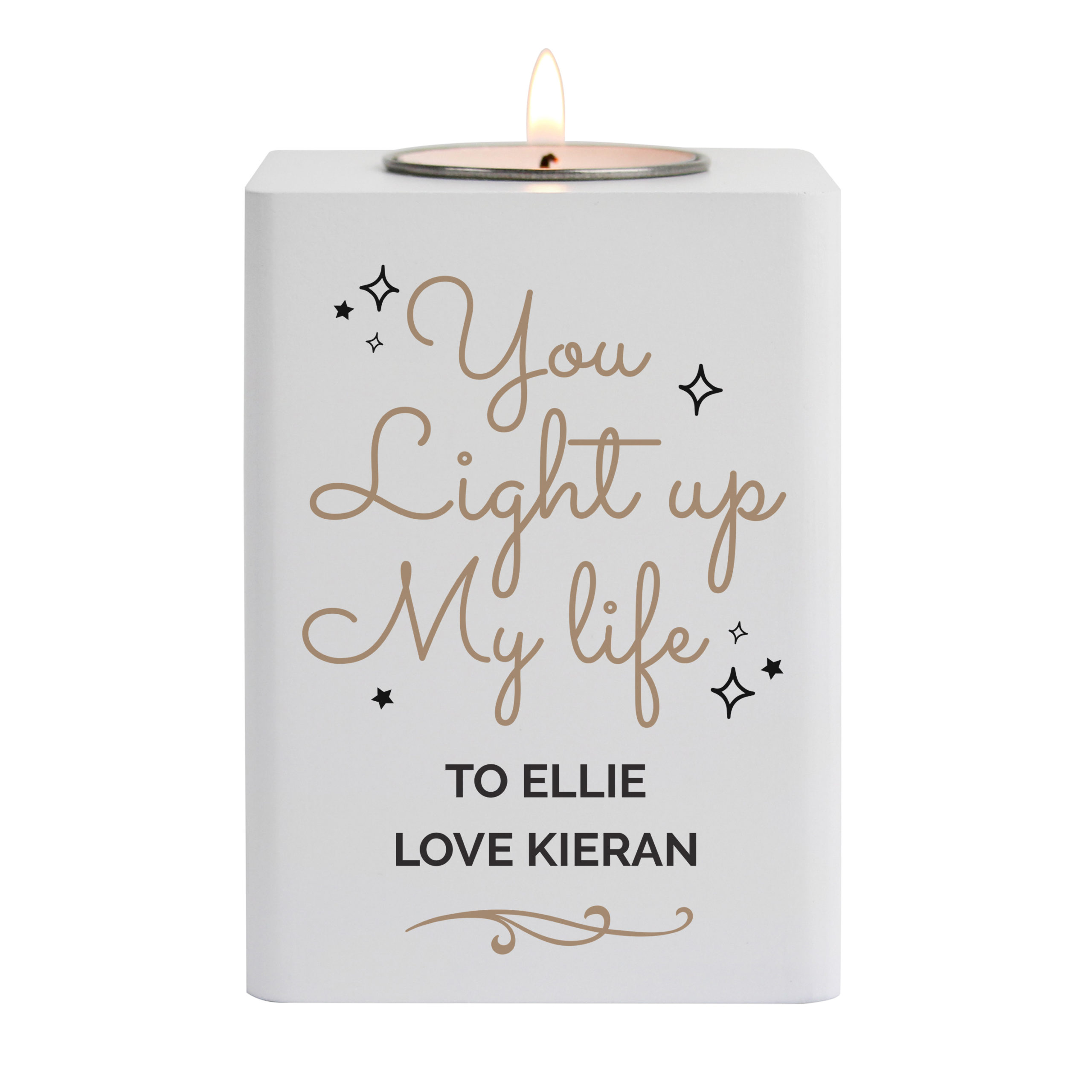 Personalised Light Up My Life White Wooden Tea light Holder Personalised Light Up My Life White Wooden Tea light Holder