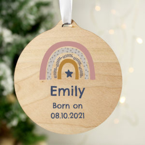 Personalised Pink Rainbow Round Wooden Decoration