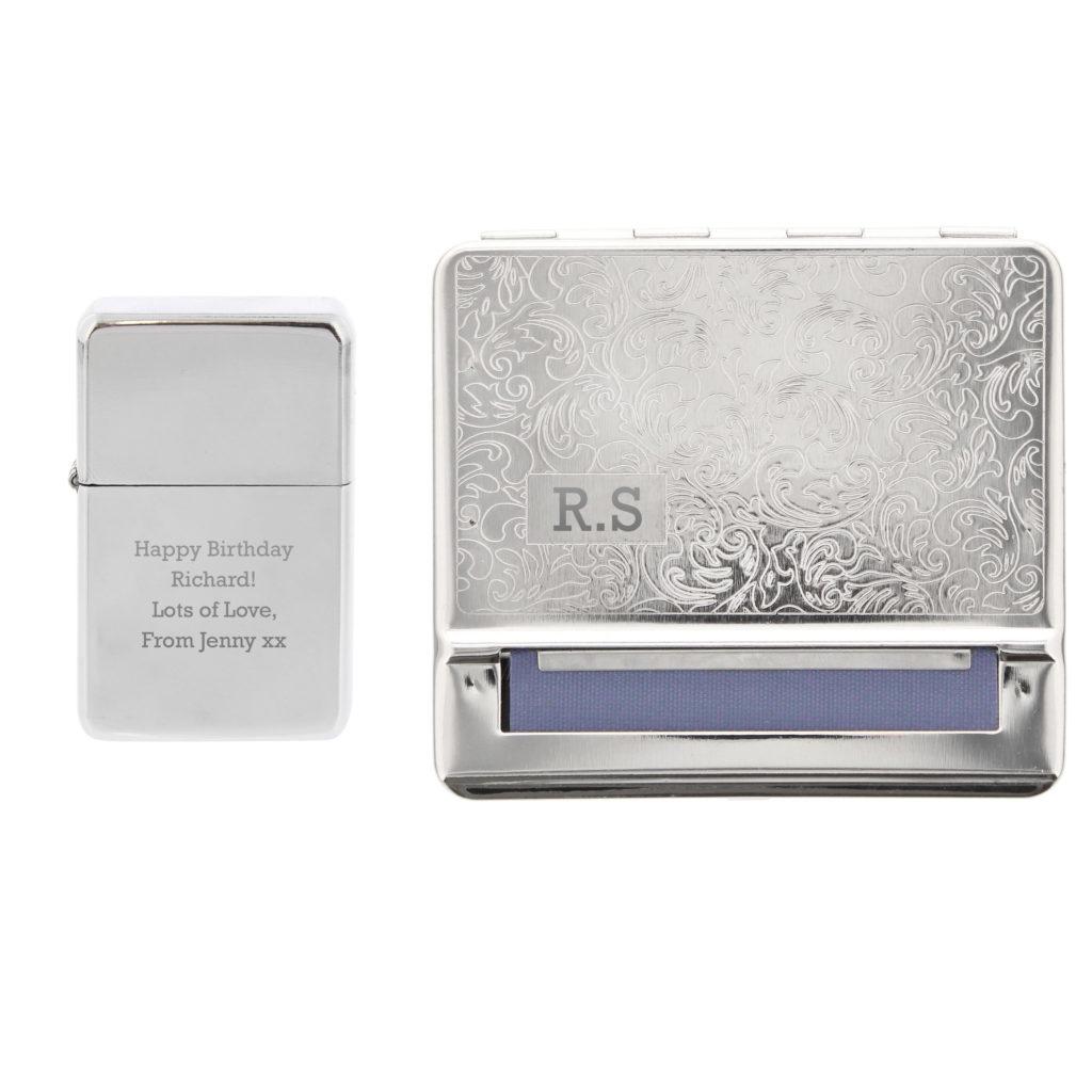 Personalised Tobacco Rolling Tin and Silver Lighter Set